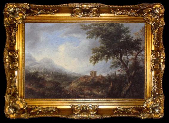 framed  unknow artist An extensive river landscape with drovers and travellers before a hill-top town, ta009-2